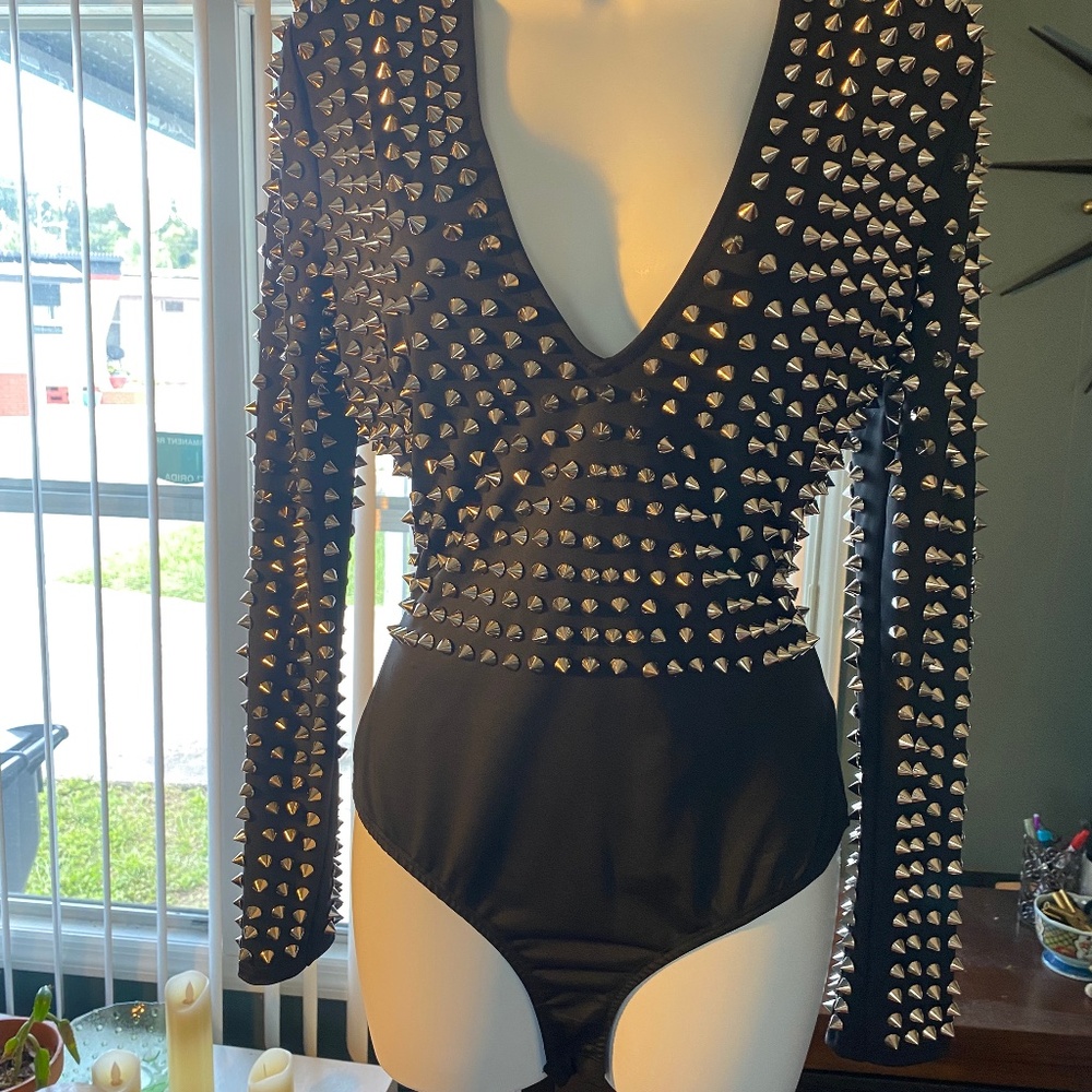 PRETTY ATTITUDE BREAKING THE LAW BLACK STUDDED BODYSUIT SIZE L